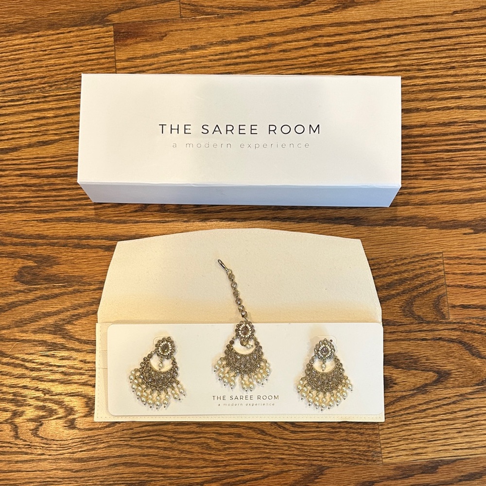 Gold and Silver Tikka and Earring Jewelry Set by The Saree Room